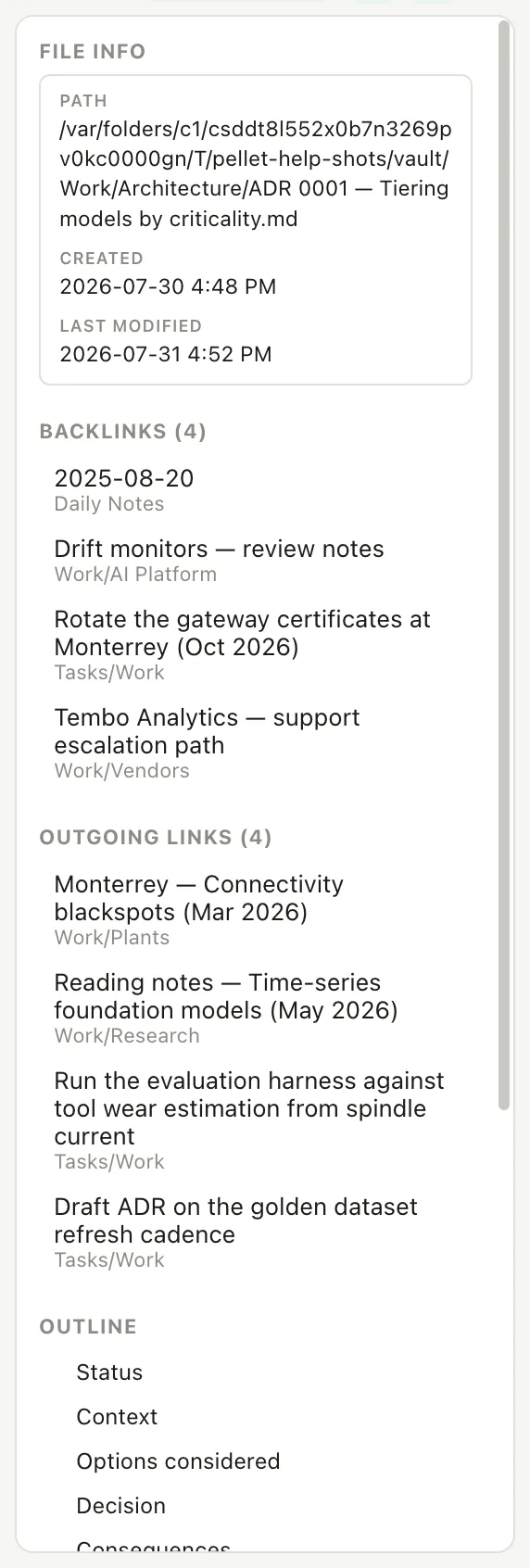 The right panel listing the notes that link to the open note, and the notes it links out to.