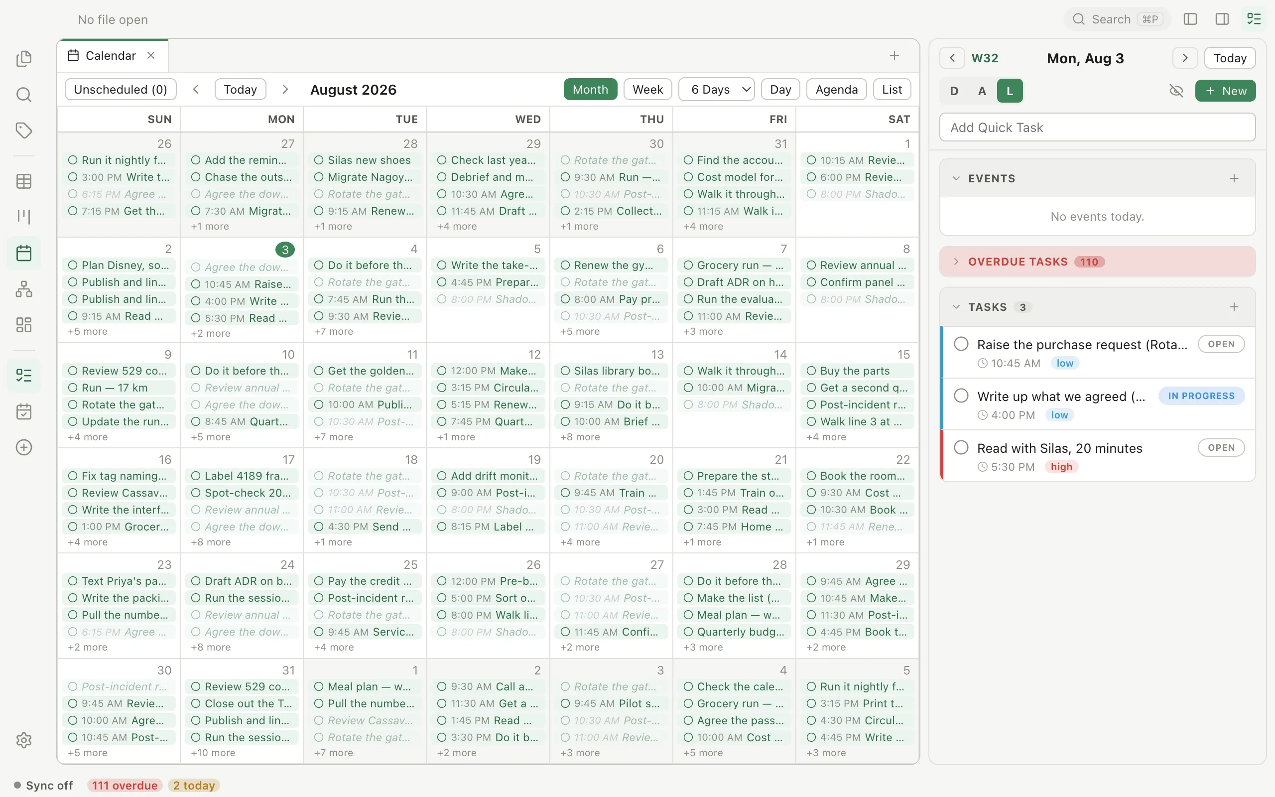 Pellet's Calendar in month view, tasks laid across the grid, with the Tasks side panel on the right showing the day's events, a collapsed overdue section and three tasks with priority badges.