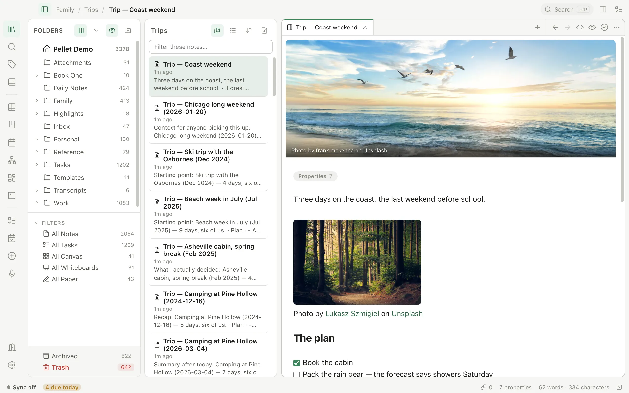 Pellet on the desktop: the folder tree, a folder of trip notes, and one trip open in the editor with a photo banner across the top and a photo inside the note.