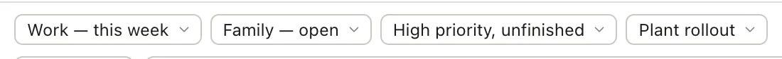 Four saved filter pills above a task table: Work — this week, Family — open, High priority unfinished, Plant rollout.