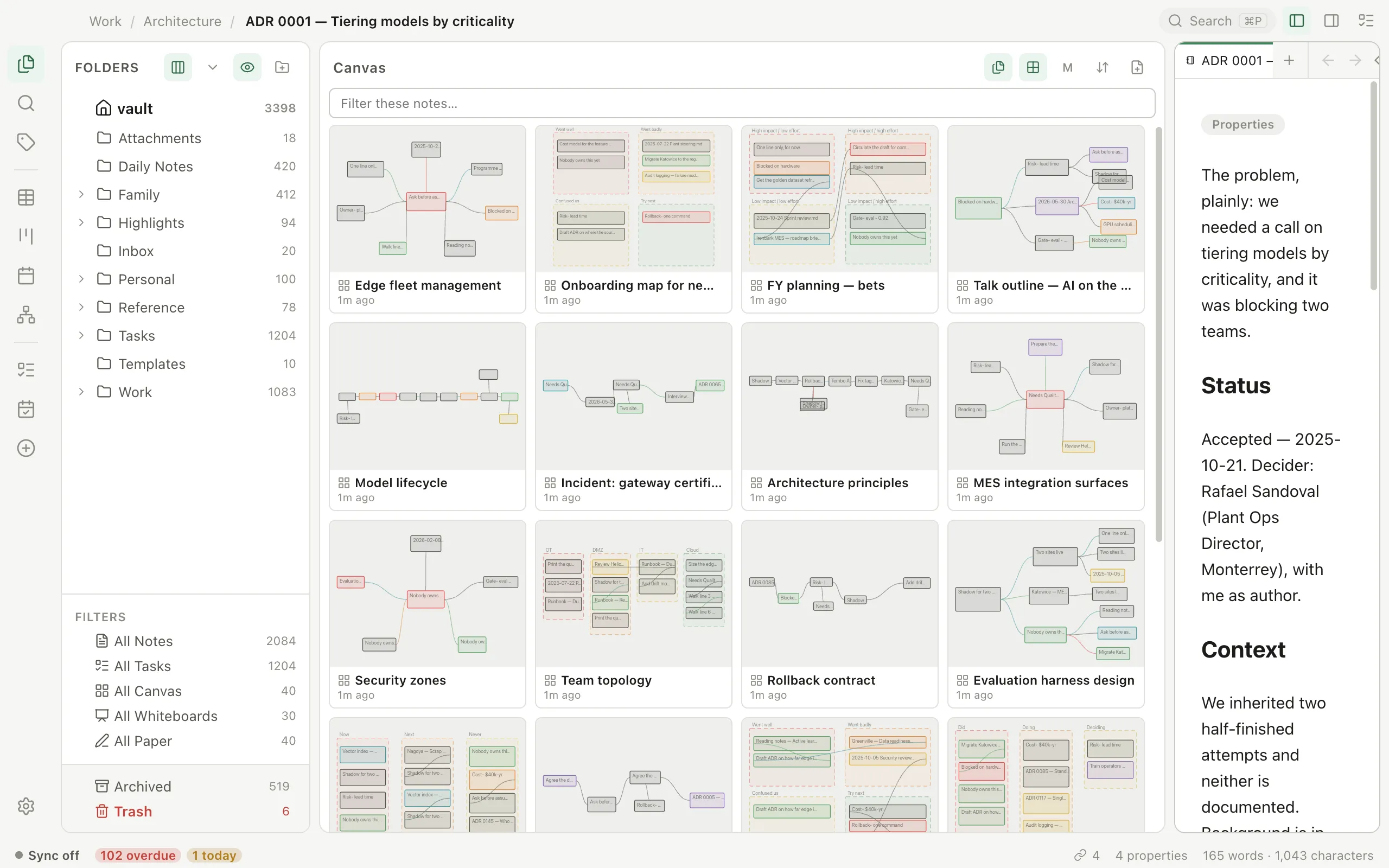 Pellet's note list in gallery mode, a grid of thumbnail tiles rendered from canvases and documents.