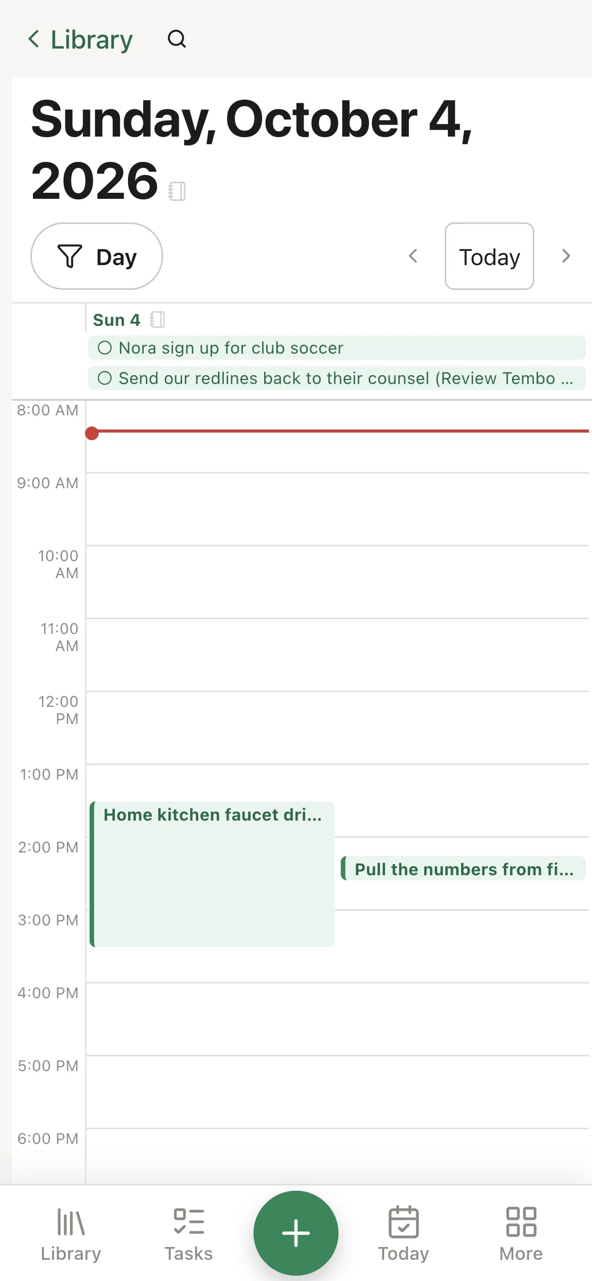 Pellet on a phone: the calendar's Day view for today, with an all-day task pinned above a timed schedule.