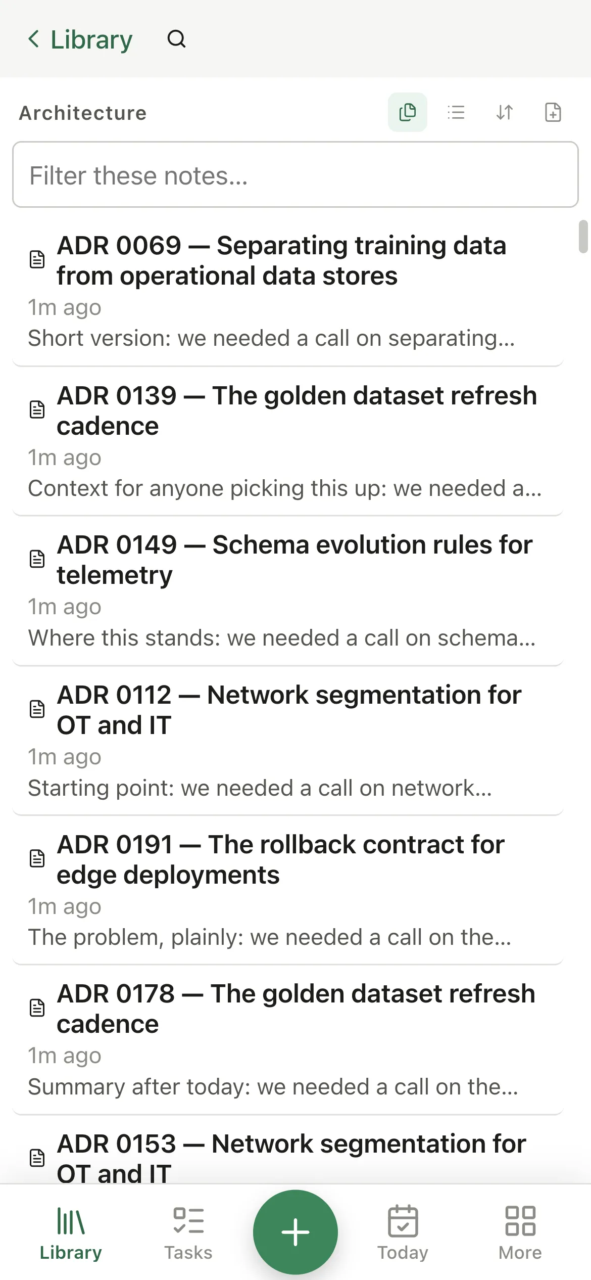 Pellet on a phone: a folder's note list, with a back button to the folder tree and a bottom tab bar.