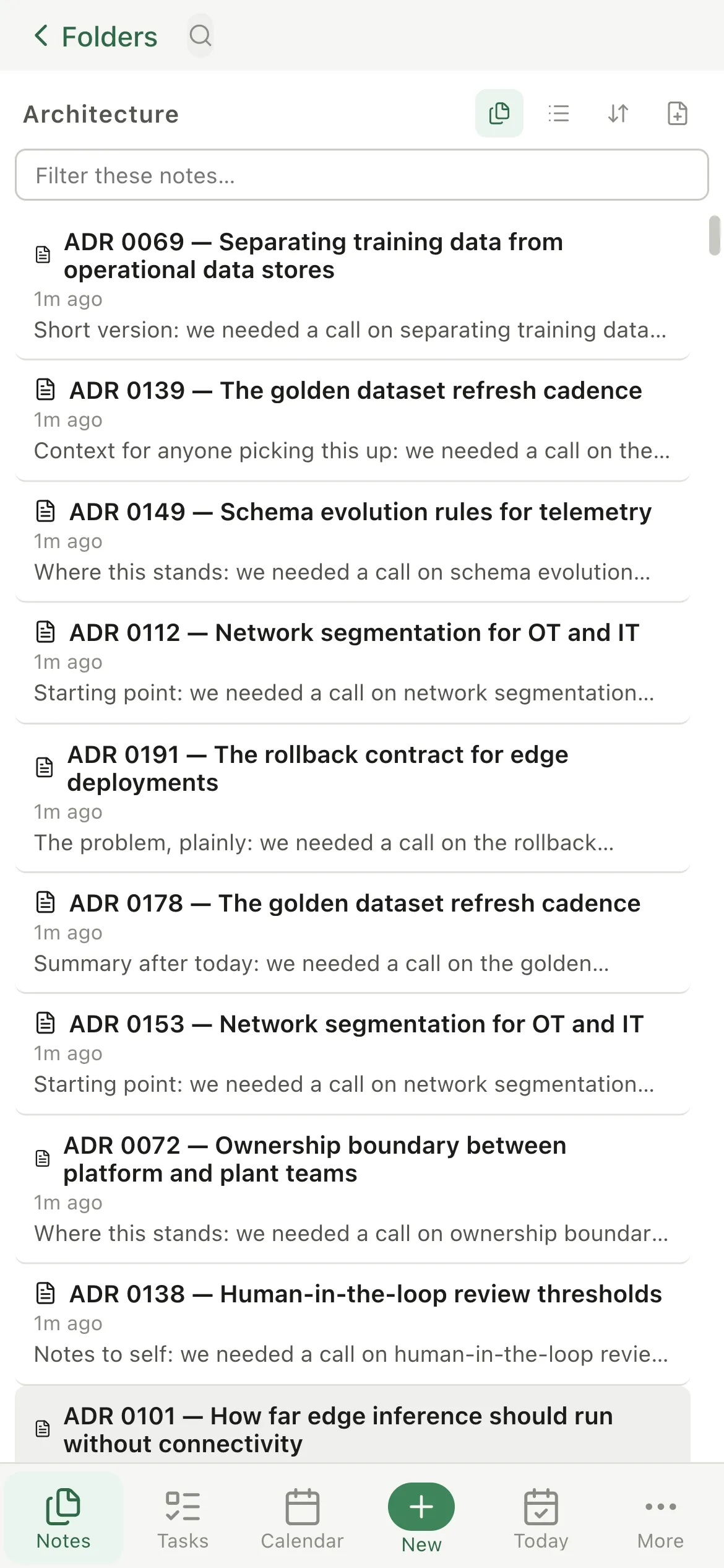 Pellet on a phone: a folder's note list, with a back button to the folder tree and a bottom tab bar.