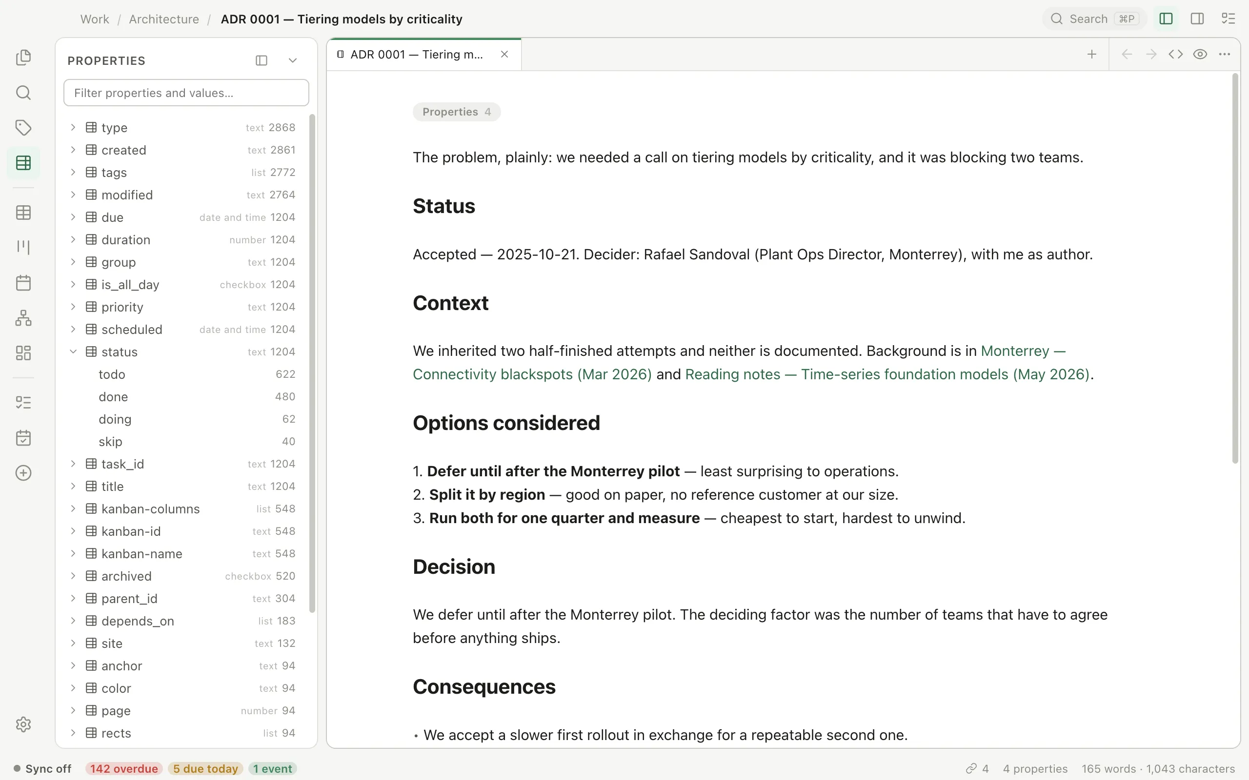 Pellet's Properties explorer: every frontmatter key in the vault with its type and note count — type 2,868, created 2,861, tags 2,772 — and status expanded to show its four values, todo 622, done 480, doing 62 and skip 40, beside an open architecture note.