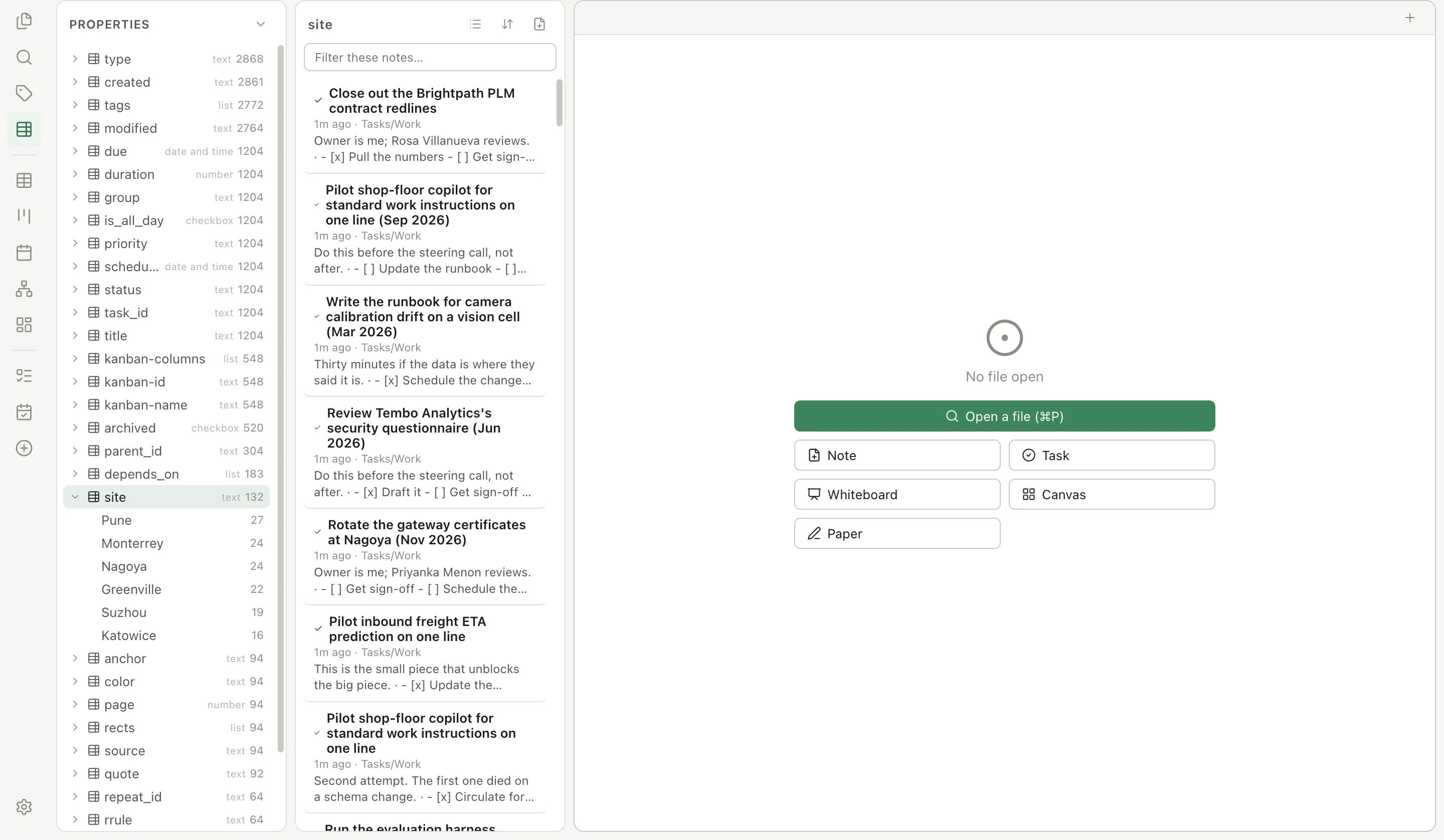 The Properties pane in the sidebar: a list of frontmatter keys with their type and note count, one expanded to show its values, and the note list beside it filtered to that key.
