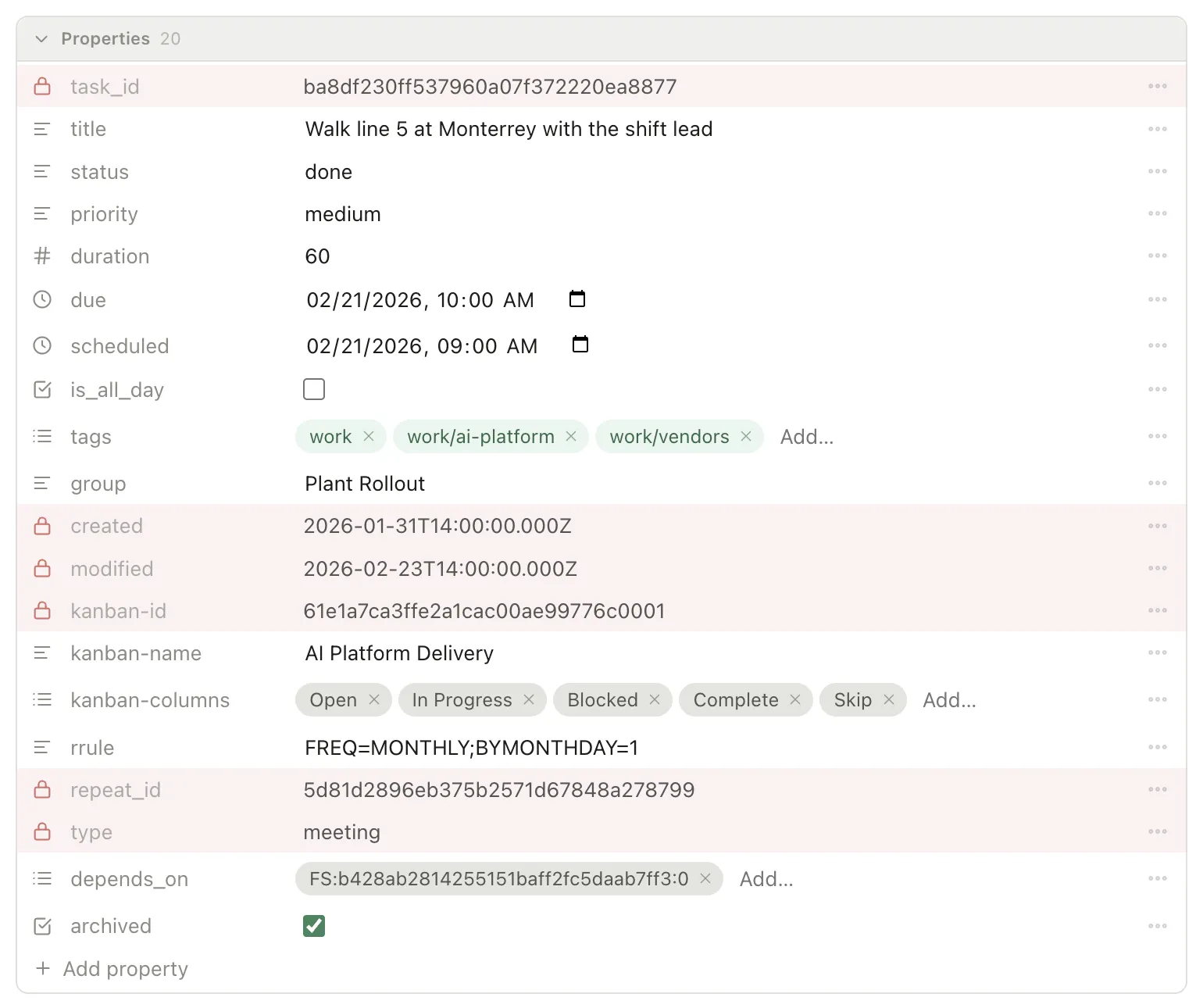 The properties panel open on a task: rows for title, status, priority, duration, due, tags and group, and tinted rows with padlocks for task_id, created, modified and type.