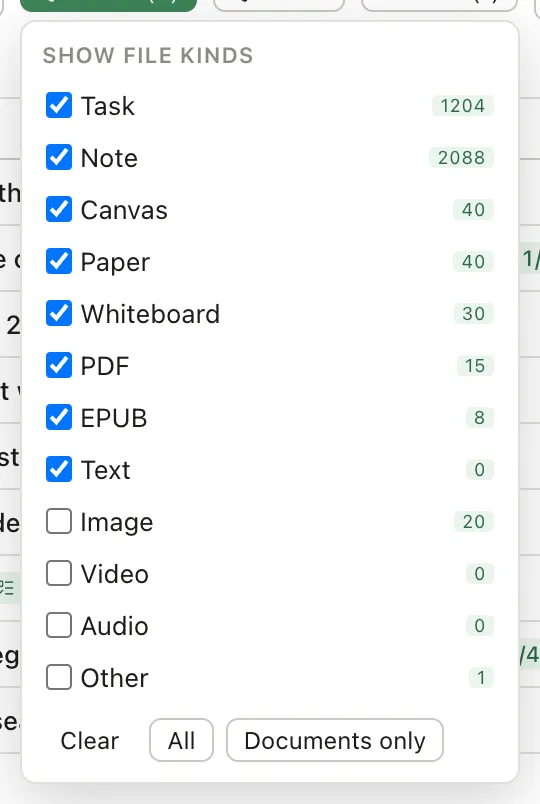 The Kinds popover: Task, Note, Canvas, Paper, Whiteboard, PDF, EPUB and Text ticked, Image, Video, Audio and Other unticked, each with a count beside it.