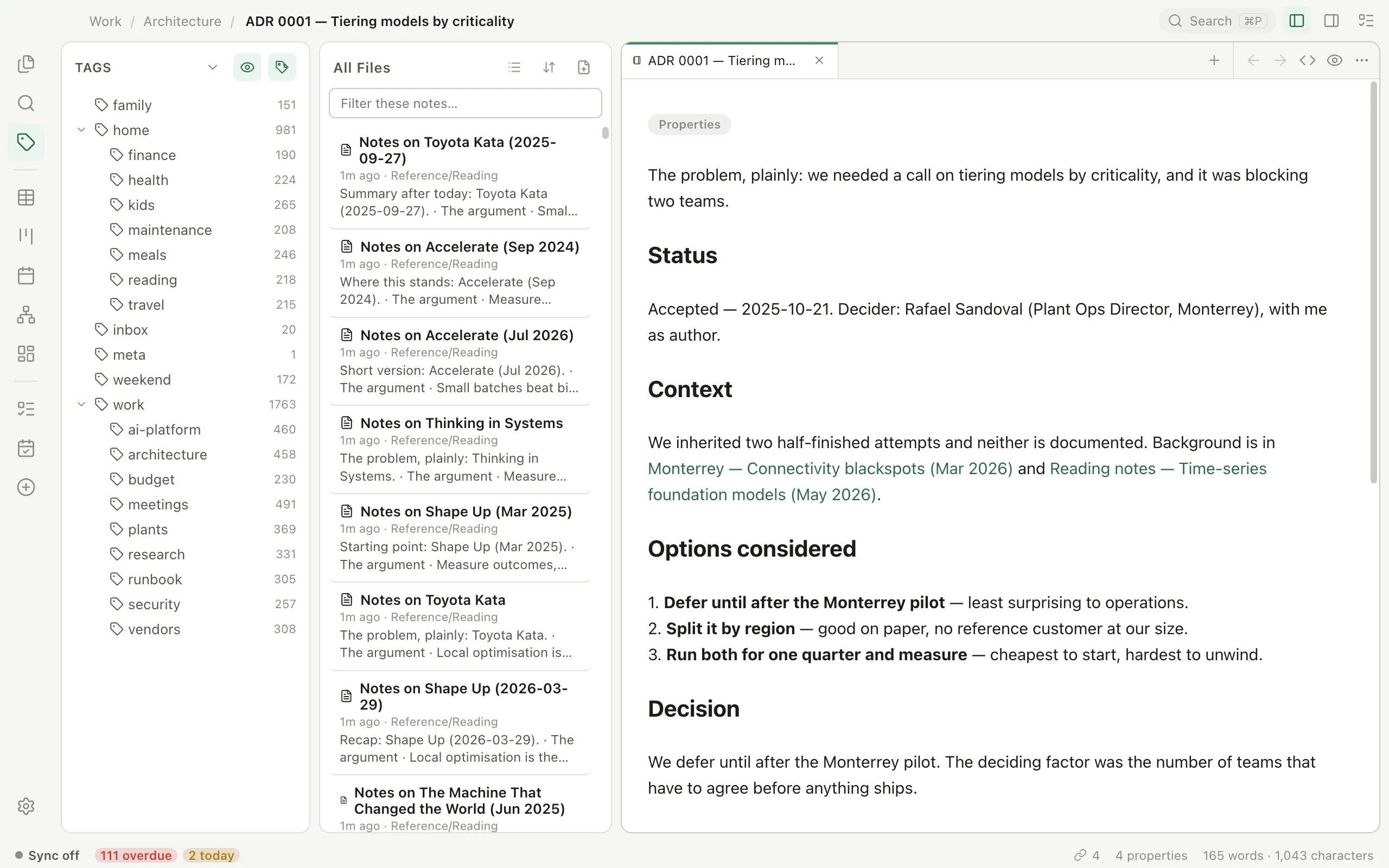 Pellet's Tags explorer: nested tags with counts — home with finance, health, kids and meals beneath it, work with architecture, meetings and security — beside the file list and an open note.