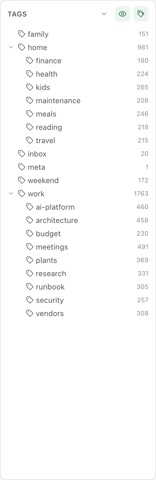 The Tags explorer: nested tags with counts — home above finance, health, kids, meals, reading and travel; work above architecture, meetings, security and vendors.