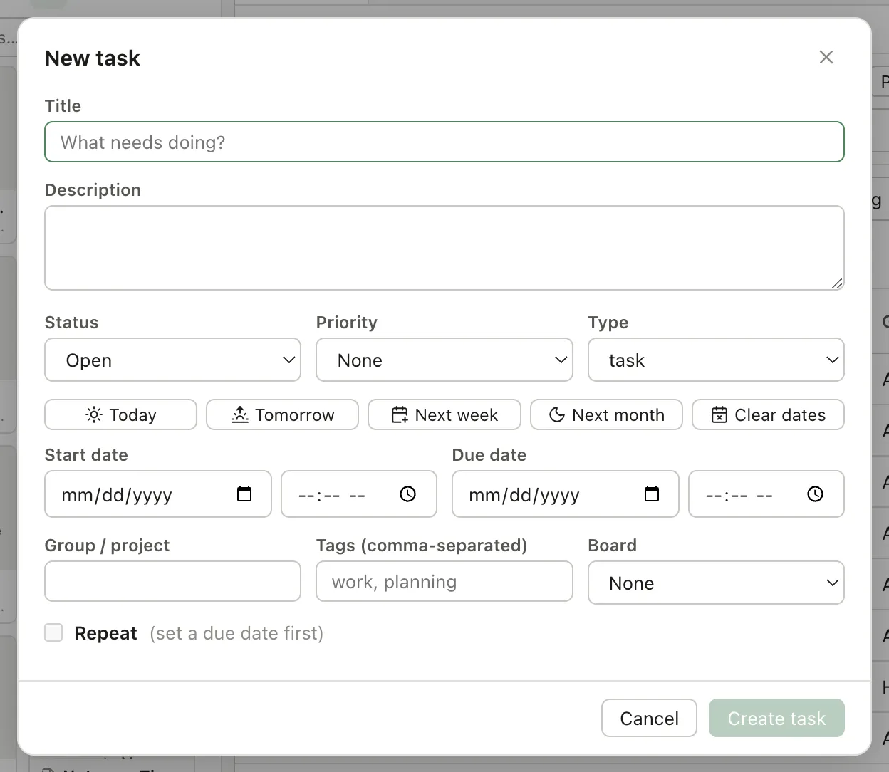The new task dialog showing Title, Description, Status, Priority, Type, quick date buttons, start and due dates, group, tags, board and a Repeat checkbox.