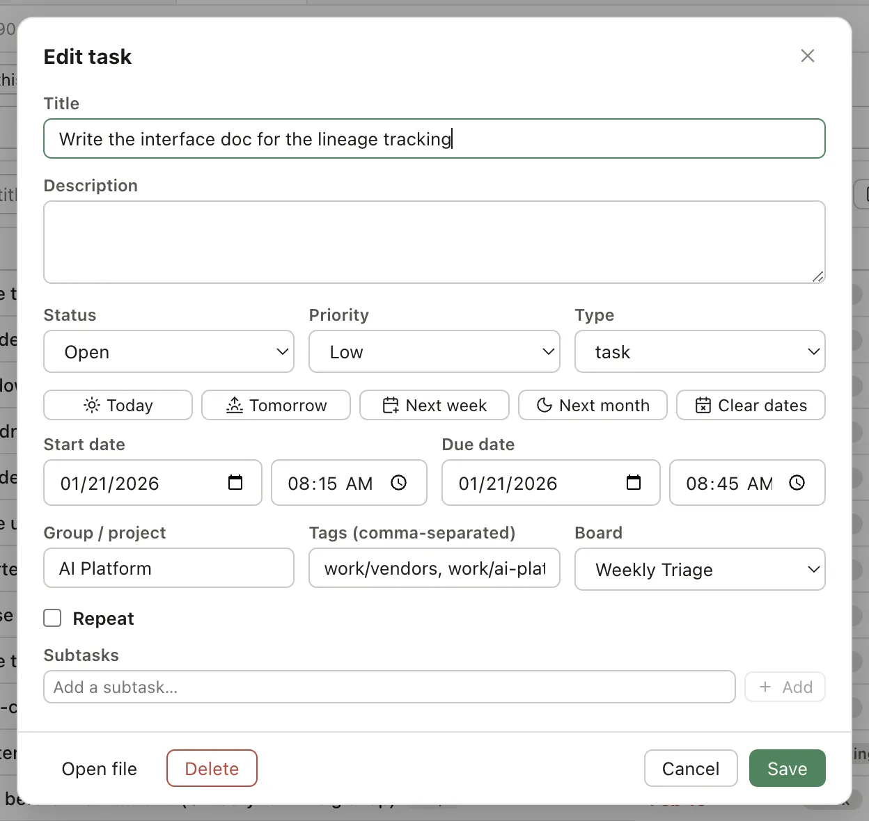 The task dialog showing Title, Description, Status, Priority, Type, quick date buttons, start and due dates, group, tags, board, a Repeat checkbox and subtasks.
