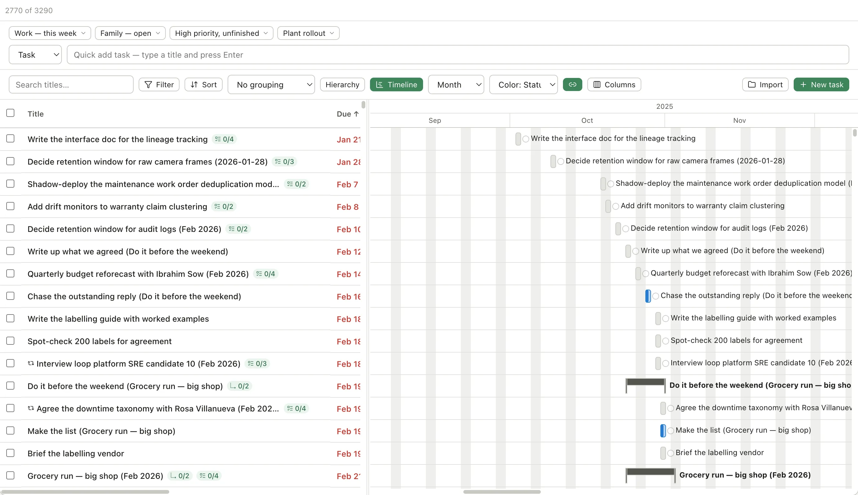 The Timeline open beside the task table, showing a quarterly timescale, task bars and a today line.