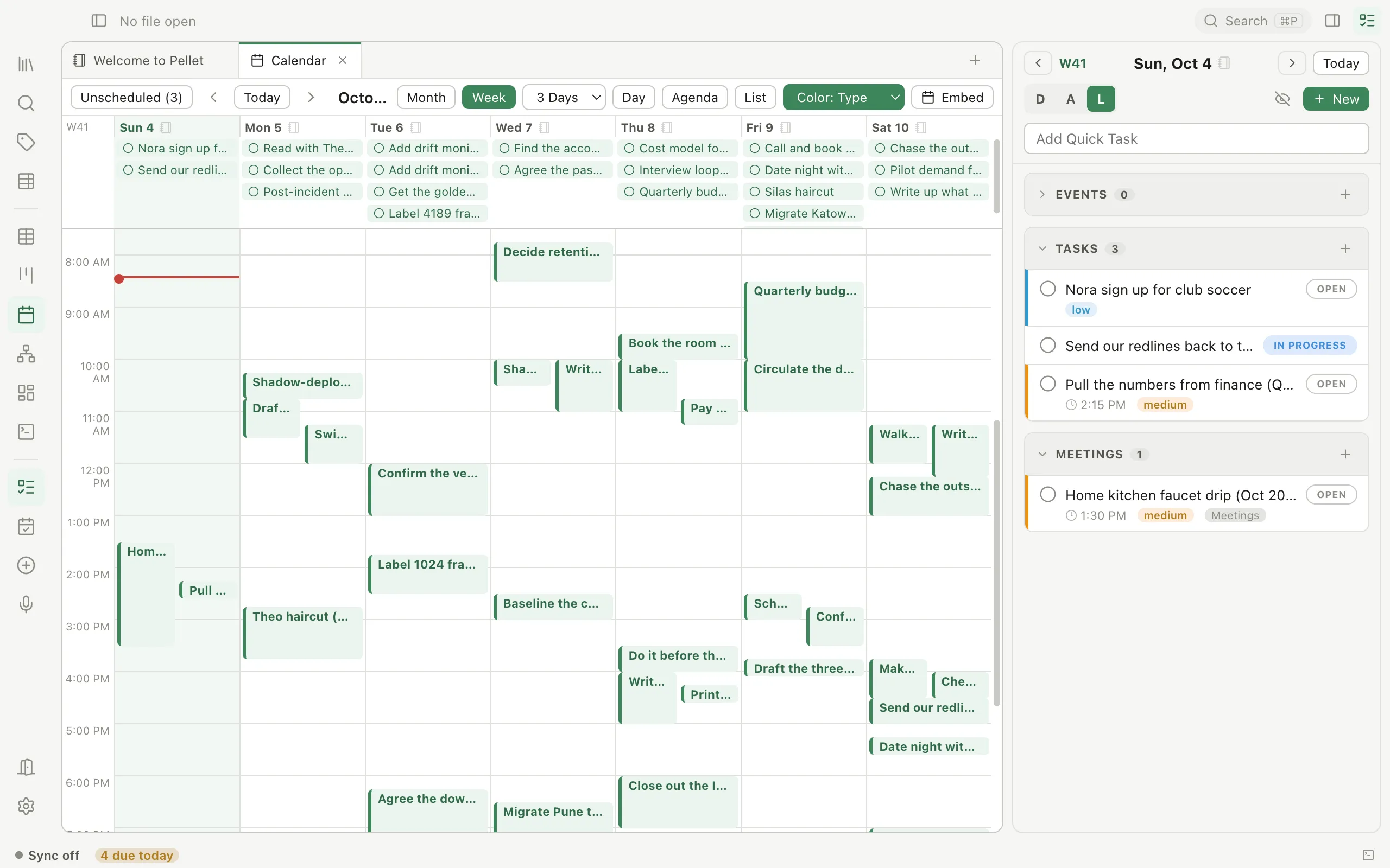 Pellet's Calendar in week view, tasks placed by the hour from 8am, with the Tasks side panel on the right showing the day's tasks and meetings.